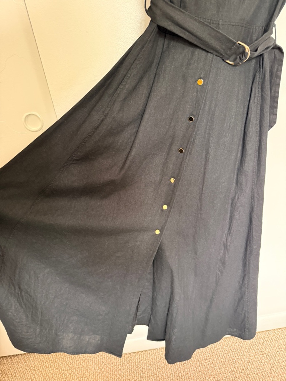 Zara Black Button-Front Belted Linen Maxi Dress with Gold Buttons - Size S - Picture 7 of 14